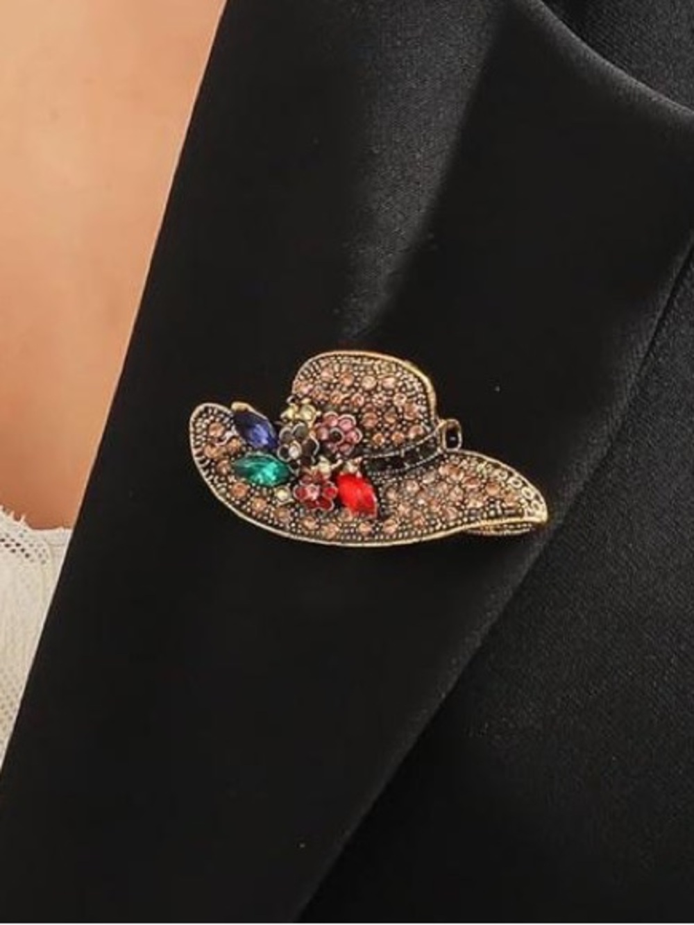 Anthropologie Multicolored Crystal Hat Brooch in Gold and Black - Picture 5 of 6